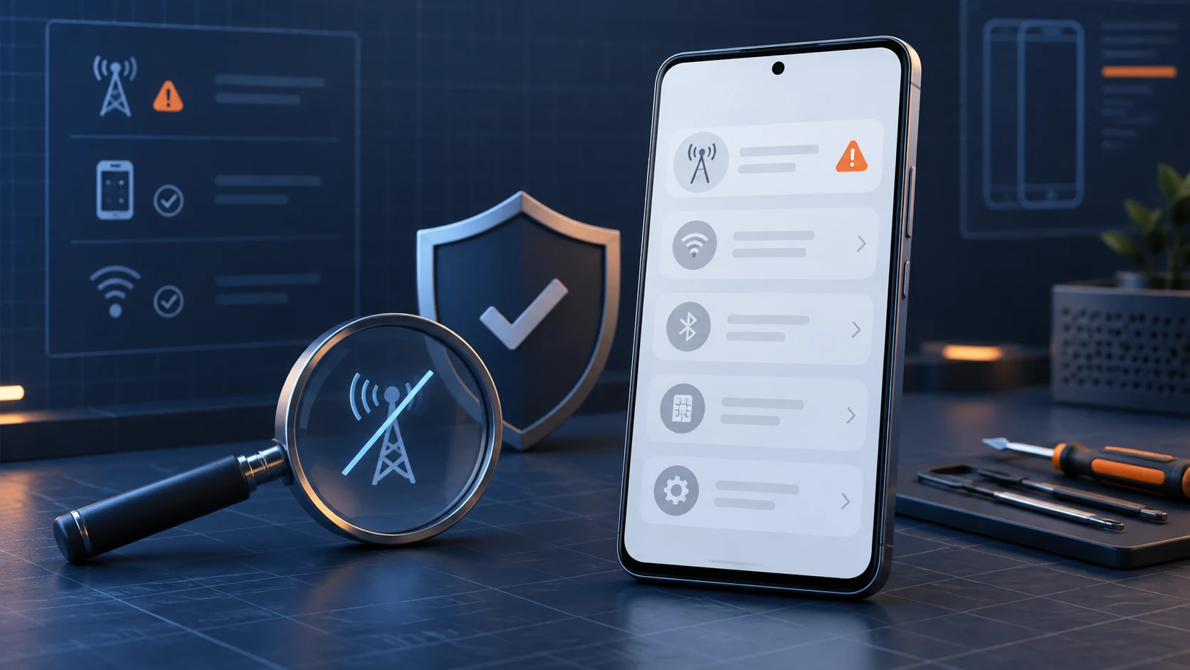 Android phone undergoing safe network identity diagnostics with a magnifying glass and protective shield