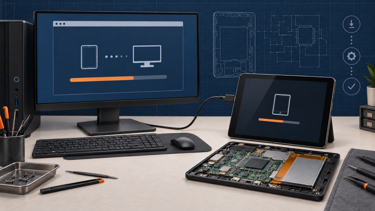 Rockchip tablet firmware recovery with a USB-connected workstation and exposed tablet mainboard