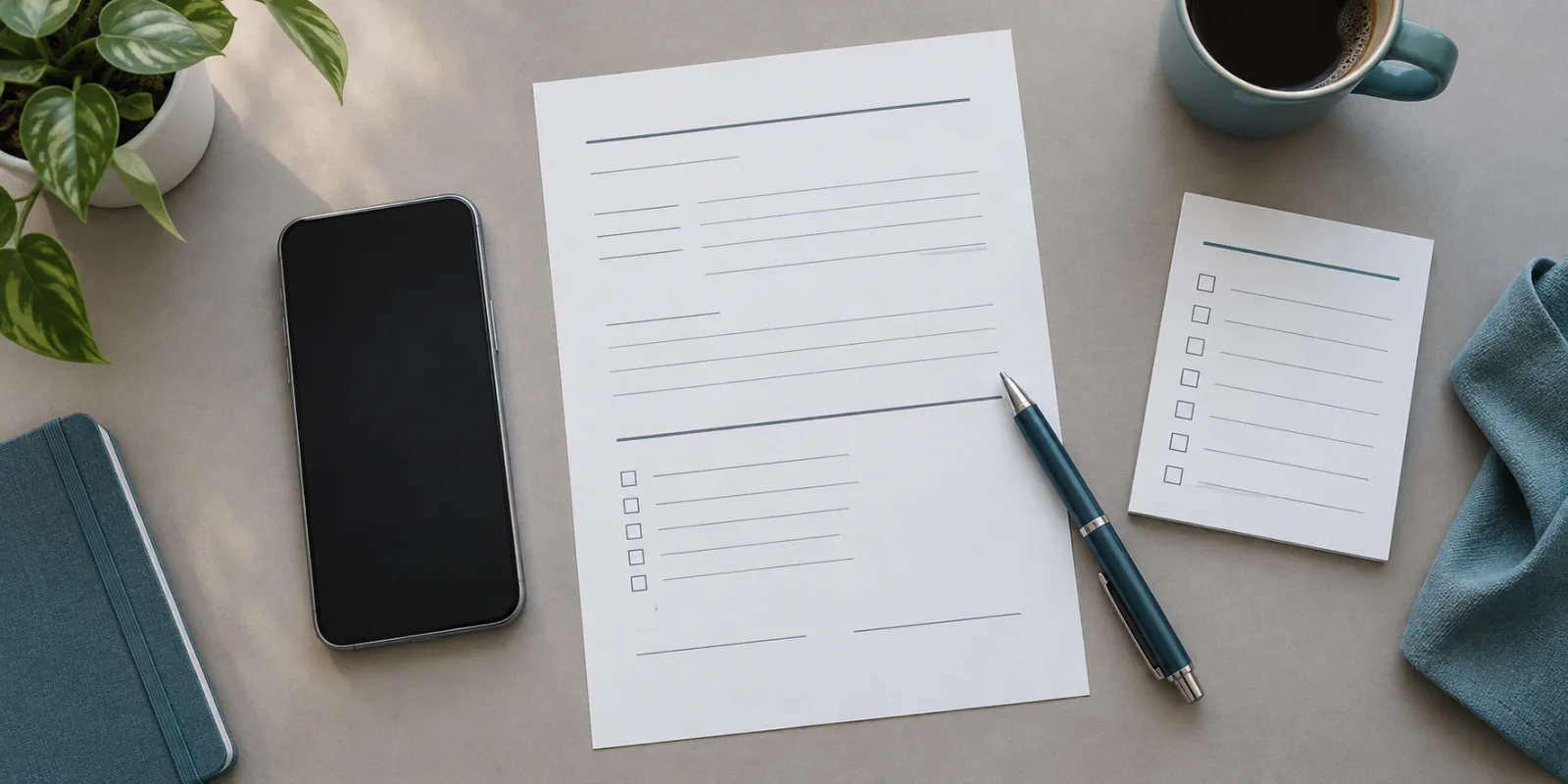 Used smartphone beside a blank sale agreement and inspection checklist